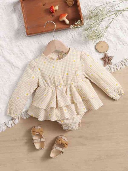 

baby daisy floral and gingham ruffle trim combo bodysuit dress she, Red;yellow