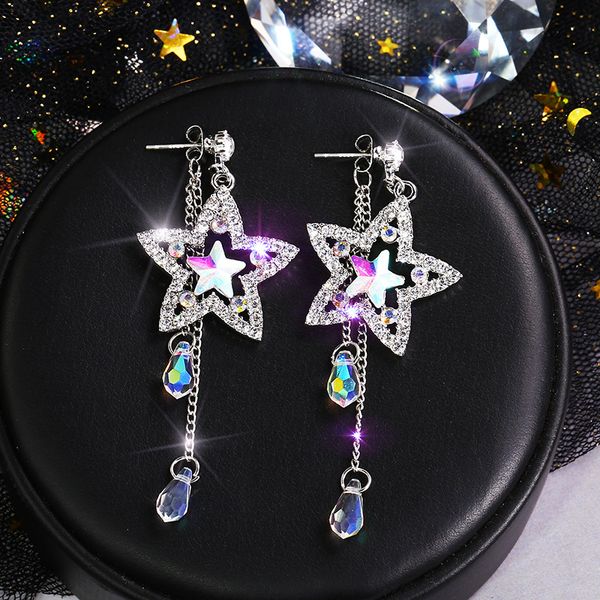 

new fashion five-pointed star colored diamonds tassel earrings female personality colorful zircon cold wind long earrings, Silver
