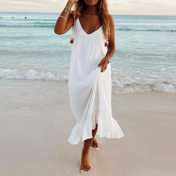 

casual dresses white dress women sleeveless solid v-neck maxi beach camis spaghetti-strap a line strapless shoulder vestidos, Black;gray