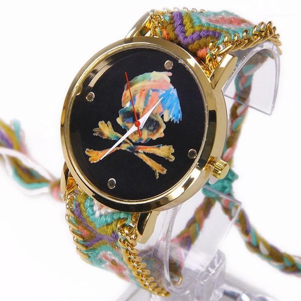 

wristwatches rainbow geneva watch women pirate flag skull bones black dial wristwatch lace chain braid reloj girl teen vintage fabric ethnic, Slivery;brown