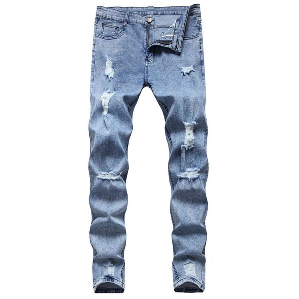 

men's jeans pierced stretch casual ny men's jeans, Blue