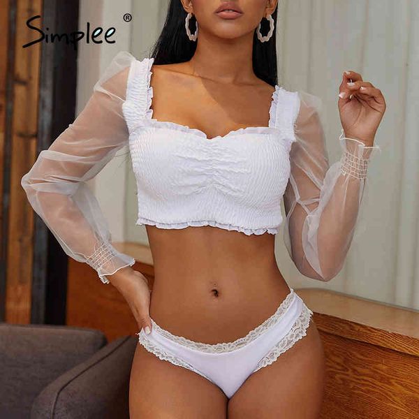 

hollow out ruffled bikini set bandeau mesh long sleeve swimwear ruched retro solid white swimsuit bathing suit 210414, White;black