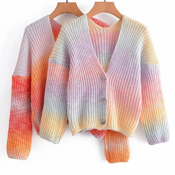 

women's knits & tees high street tie dye printed cardigans v neck long sleeve single breasted outerwear autumn winter casual sweater, White