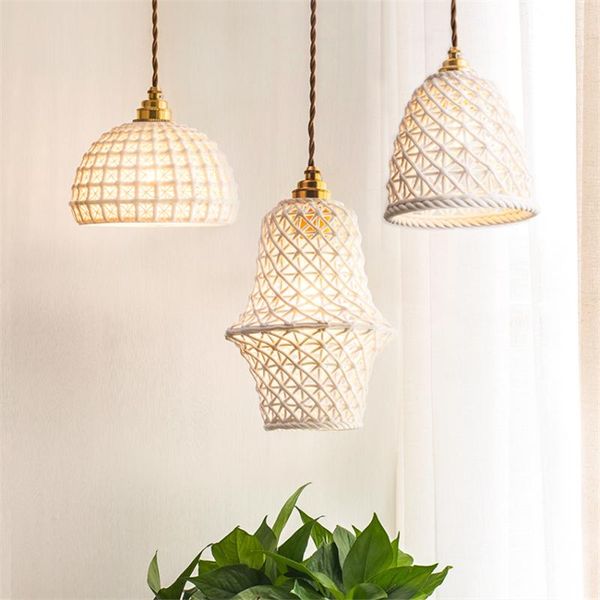 Nordic Keramik Mesh Anhänger Lichter Schlafzimmer Nacht Lampe Japanischen Stil Weiß Messing Gang Eingang Halle Hängen Lampen Beleuchtung