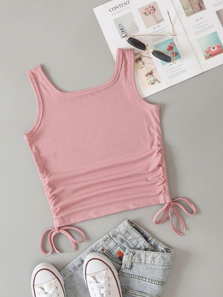 

solid drawstring side rib-knit tank o3kz#, White