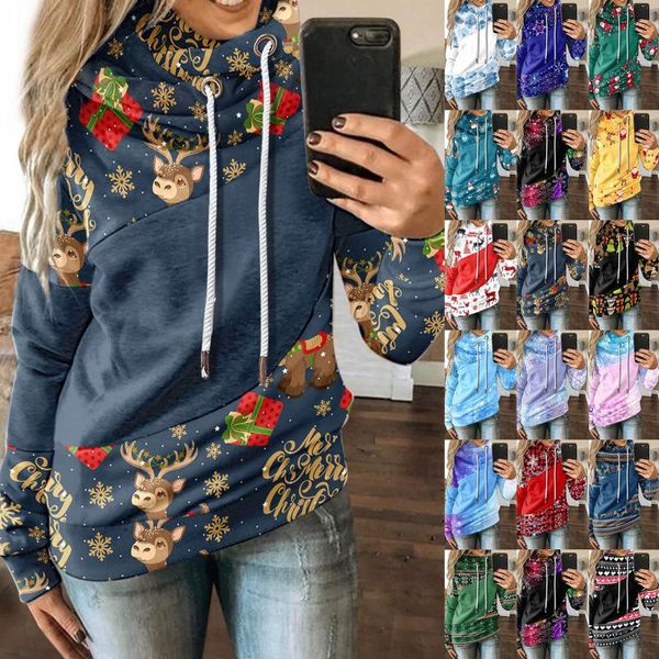 

women's hoodies & sweatshirts pullovers christmas print long-sleeved sweatshirt casual blouse pullover spring autumn hooded streetwear, Black