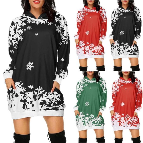 

casual dresses fashion women's snowflake print sweater thick bag hip slim fit pocket hoodie ultra short winter christmas dress, Black;gray