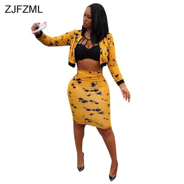 

women's two piece pants zjfzml plus size matching set autumn black yellow print clothes long sleeve front zipper crop midi skirts, White