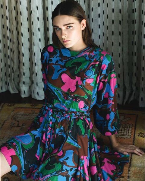 

dresses women o-neck long sleeve print vintage a-line dress, Black;gray