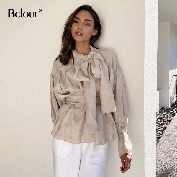 

women's blouses & shirts bclout linen bow tie high waist khaki female elegant long sleeve lace-up fashion women sashes casual cotton sh, White