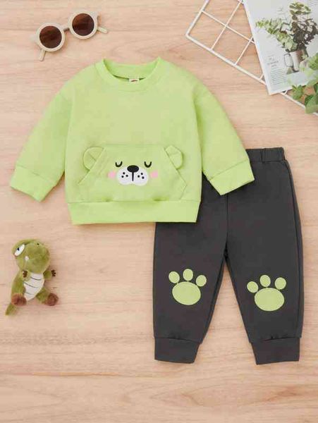 

baby cartoon graphic 3d ears design sweatshirt & paw print sweatpants she, White