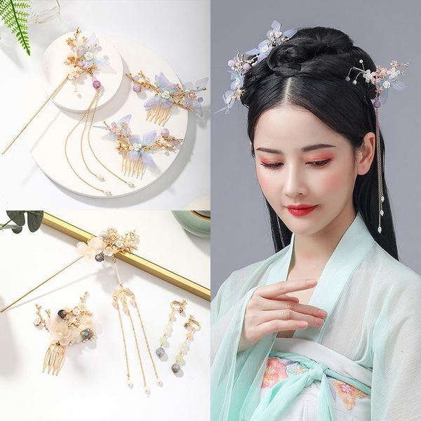 

earrings & necklace chinese hairpins clips bridal wedding jewelry sets retro butterfly tassel flower headpieces earring hair combs for women, Silver