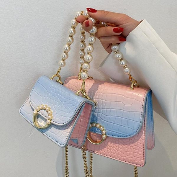 

evening bags gradient mini pearl tote bag 2021 summer pu leather women's designer handbag beautiful lady shoulder messenger purses