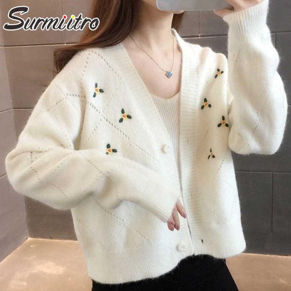 

surmiitro sweet crop cardigan women autumn winter floral embroidery knitwear long sleeve short sweater female knitted 210712, White;black