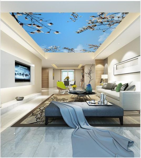 

wallpapers 3d ceiling murals wallpaper blue sky and white cloud flower ceilings branch living room bedroom mural