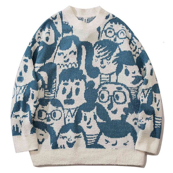 

men's sweaters men hip hop knitted jumper cartoon character printed streetwear harajuku winter fashion casual loose pullovers clot, White;black