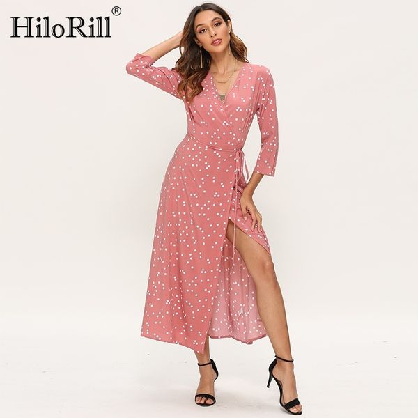 

casual long maxi dress for womens boho dot print wrap es split v neck three quarter sleeve beach sashes robe 210508, Black;gray