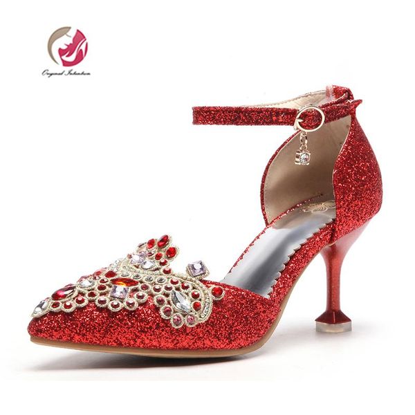 

original intention women sandals glisten rhinestone pointed toe thin heel ankle strap lady party elegant us size 3-16. dress shoes, Black