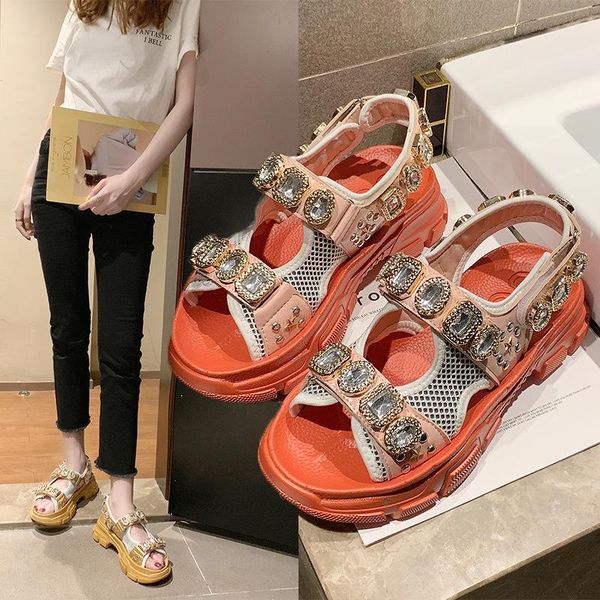 

sneakers mesh patchwork diamond rivets platform sandals women colors block peep toe creepers sandalias hook&loop elevated shoes, Black