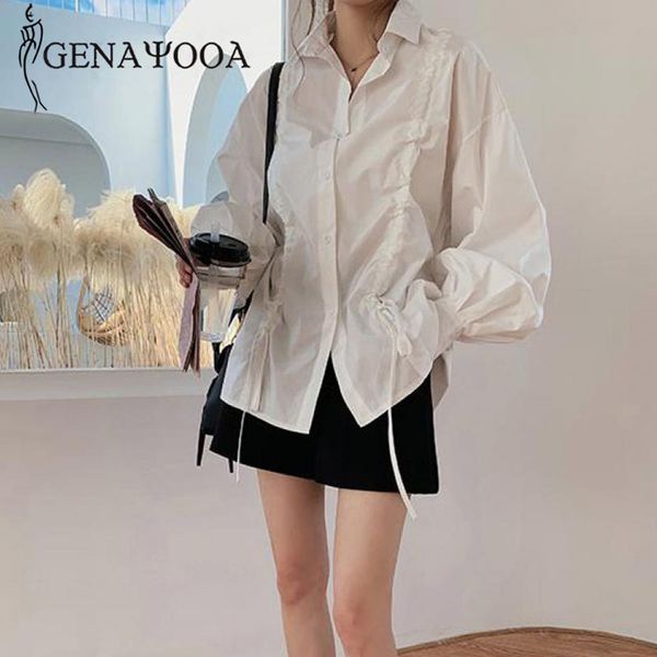 

genayooa vintage shirts long sleeve casual loose elegant drawstring white shirt women spring autumn 210417