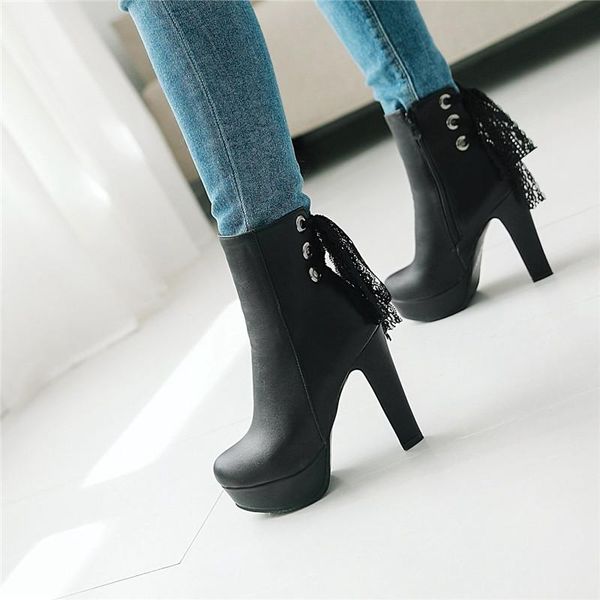 

boots ymechic 2021 white wedding black office platform high heels fashion plus size ankle ribbon cross strap ladies shoes winter