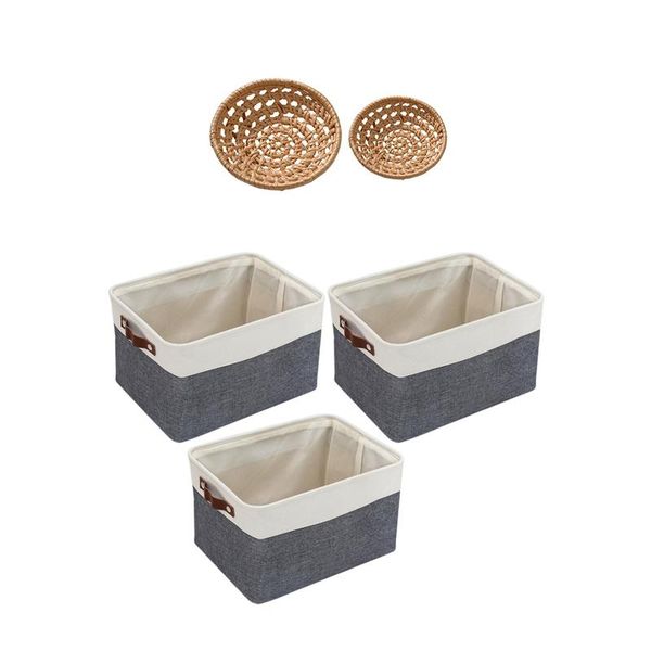 

big deal 3 pack foldable storage bin rugged canvas fabric dark grey & 2pack rattan bread display basket set-round baskets