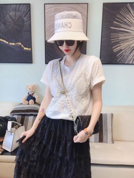 

women's t-shirt hanbeigang 2021 summer round neck lace stitching sequined pearl short sleeve female fake two-piece bottoming shirt, White
