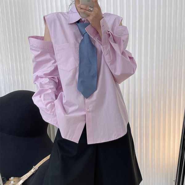 

women's blouses & shirts spring and autumn casual solid color pocket decoration off-shoulder loose shirt, White