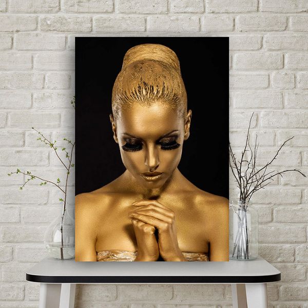 Donna africana d'oro Poster Wall Art Canvas Pittura Ritratto astratto Immagine HD Stampa per soggiorno Decorazione domestica Cuadros