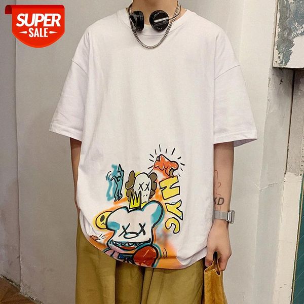

men's short-sleeved t-shirt personality printing half-sleeved students loose round neck handsome harajuku style five-point sleeves #zm5, White;black