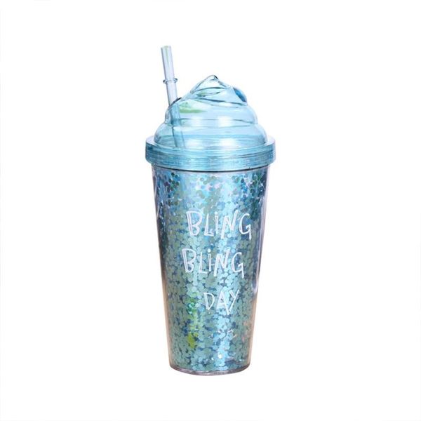 

water bottles 500ml glitters pattern double layer plastic straw bottle innovative gift ice cream healthy drink for outdoor