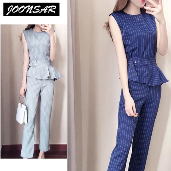 

women's suits & blazers 2021 fashion summer sets o-neck sleeveless striped sashes slim lady ankle-length pants two-pieces women clothi, White;black
