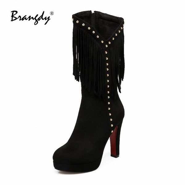 

boots brangdy fringe women mid calf rivet pu shoes thin heels pumps platform round toe zipper winter, Black