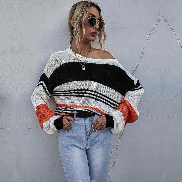 

women casual striped knitted sweater o-neck oversized jumper girls fashion new arrivals autumn vintage women sweater 210412, White;black
