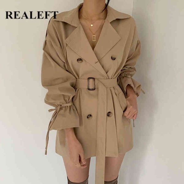 

autumn winter khaki minimalist women's trench coat sashes windbreaker loose flare sleeve double breasted 210428, Tan;black