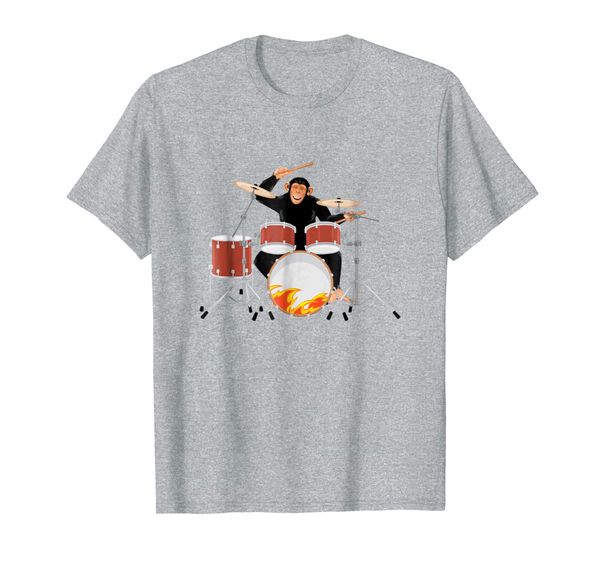 

drumming monkey. heavy metal drums with flames. funny shirt, White;black