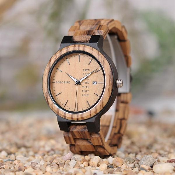 

wristwatches bobo bird multifunction wood watches for men auto date week calendar elegant zebra quartz timepiece with adjustable wooden band, Slivery;brown