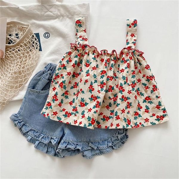 

clothing sets lzh 2022 children's summer wireless set for kids 3-8 years costume sling print + shorts suit baby girls outfit, White