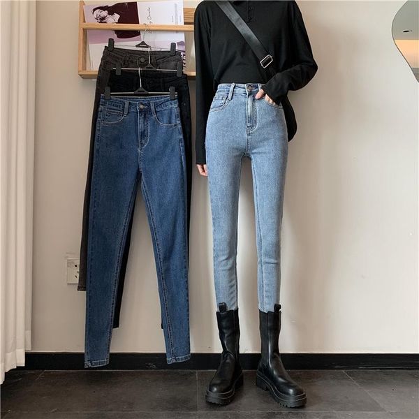 

women's jeans high waist stretch skinny denim pants 2021 blue retro washed fashion slim