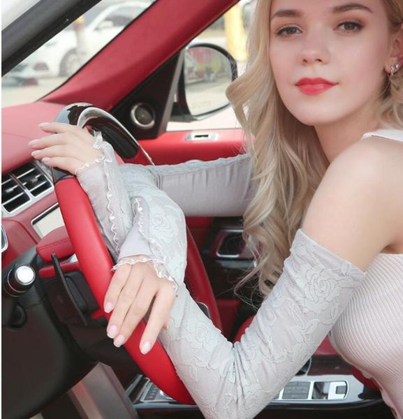 

five fingers gloves sun protection female cool travel summer sunshade thin lace sunscreen sleeves long driving bridal, Blue;gray