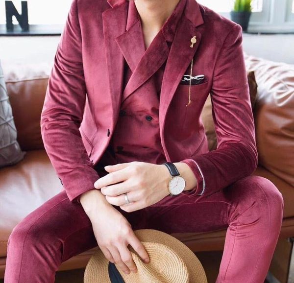 

men's suits & blazers 2021 luxury velvet groom tuxedo men for wedding fashion wine red 3 pieces mariage homme (jacket+vest+pants), White;black
