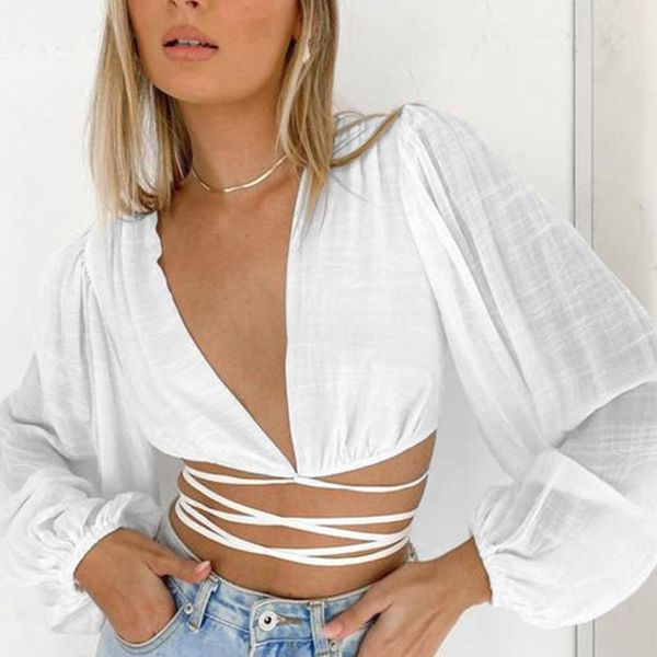 

women's blouses & shirts 100% cotton long-sleeved lantern bandage fashion crop solid v-neck lace up exposed navel summer ladies t-, White