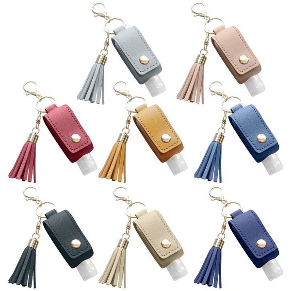 

travel bottle carriers keychain holder gel hand sanitizer refillable mini tassels leather empty plastic portable women liquid soap dis