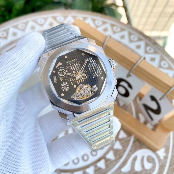 

men's fashion watch geometric shape mineral crystal wear-resistant glass mirror 316l stainless steel case automatic flywheel engraved m, Slivery;brown