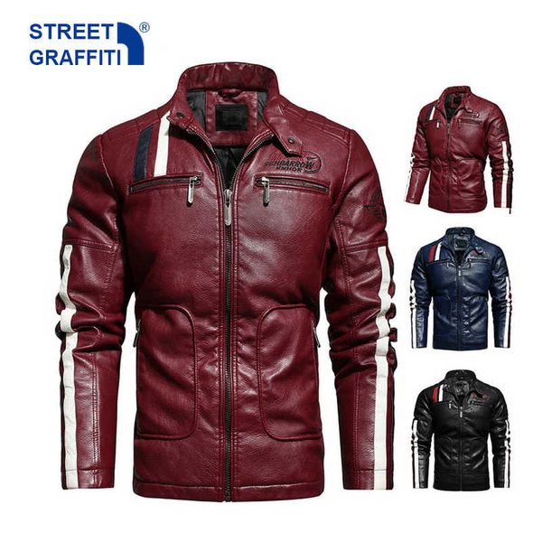 

mens motorcycle jacket autumn winter men faux pu leather jackets casual embroidery biker coat zipper fleece male jacket 210928, Black