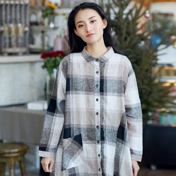 

johnature women vintage plaid shirts cotton linen loose blouses pockets spring soft fashion female original long shirts 210521, White
