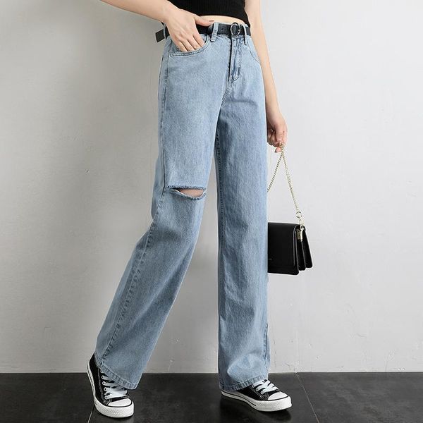 

women's jeans simple full length blue denim wide leg pants fashion streetwear trousers with pocket women casual loose straight hole