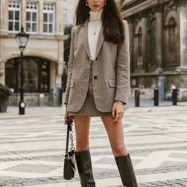 

vintage single breasted blazer women fashion houndstooth plaid long sleeve suit notched collar office lady tweed jacket outwear 210413, White;black
