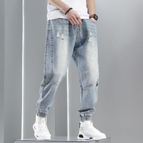 

men's jeans summer bunched leg men rig loose logo pants pie shuai thin slim harlan nineties, Blue