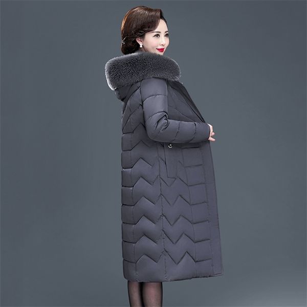 

x-long women coats slim office ladies solid women's winter jacket hooded with fur collar thick cotton padded parkas 210916, Black